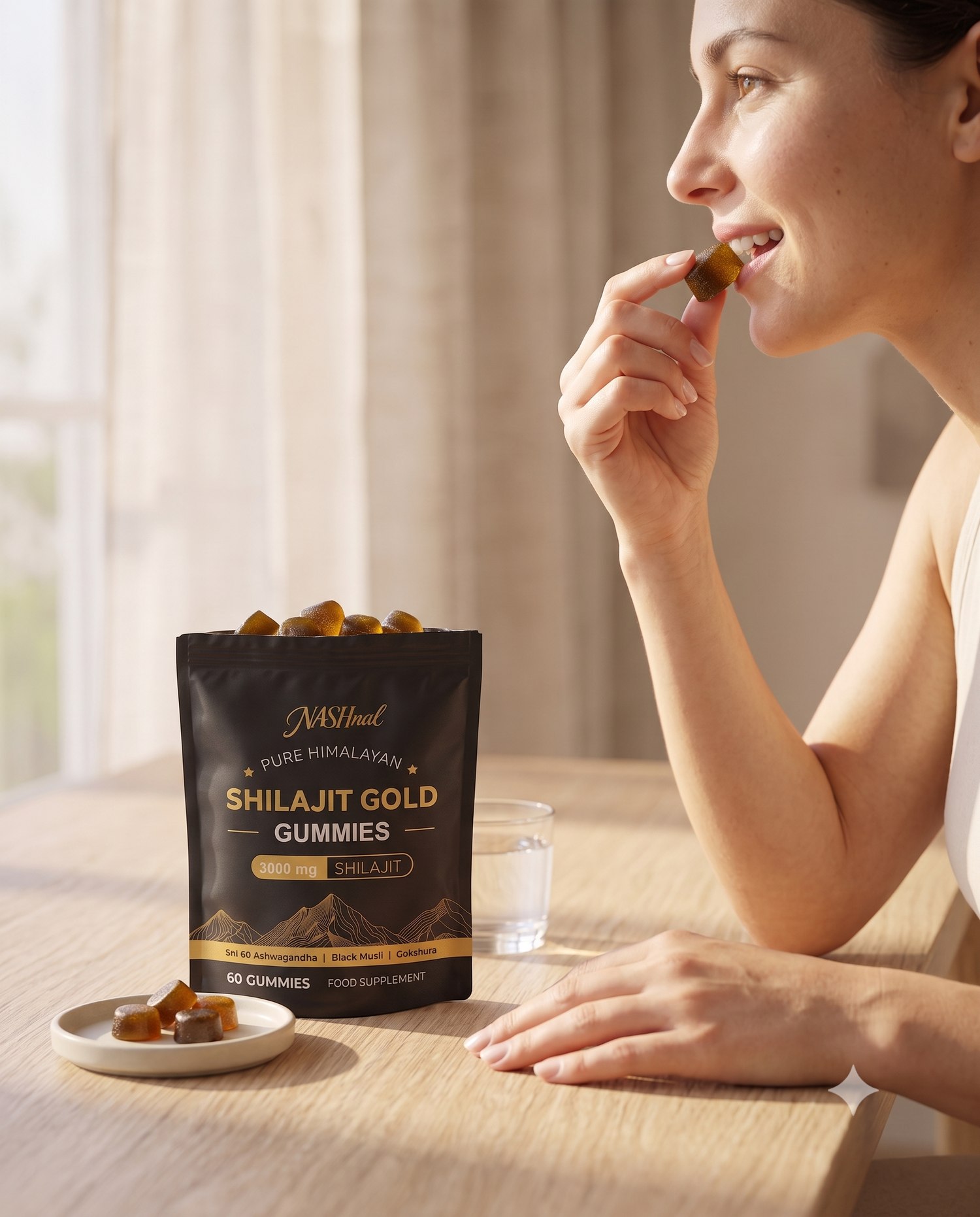 Woman enjoying a NASHnal Shilajit Gold gummy at home